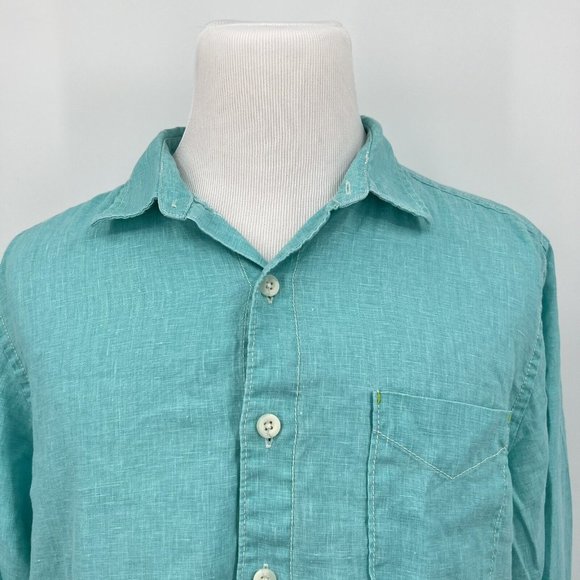 Tommy Bahama Men's Button Up Shirt L Large 100% Linen Solid Blue-Green - Picture 1 of 11